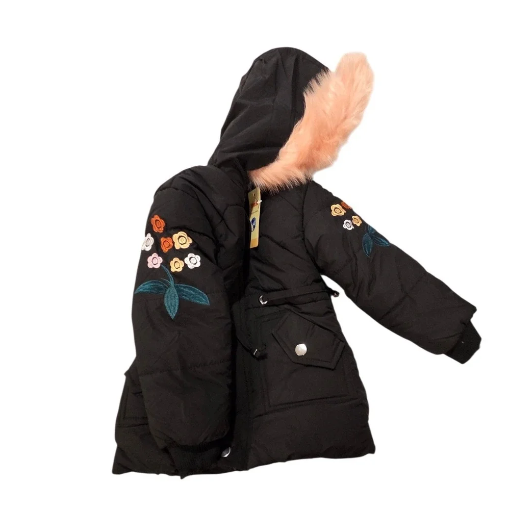 New Girls Black Quilted Puffer Jacket Pink Faux Fur Hood Floral‎ Embroidery 3-4Y